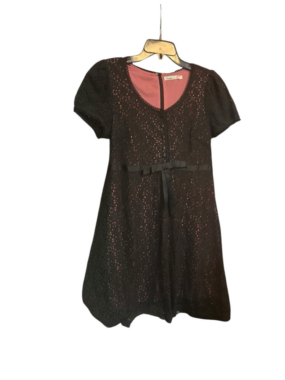 Umgee Black Lace Lined Short Sleeve Knee Length Dress Small